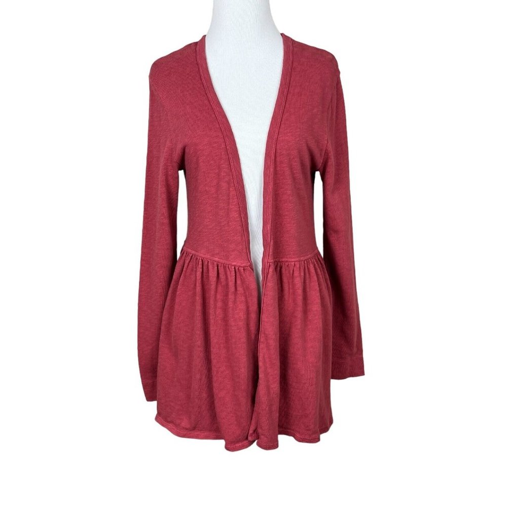 T.La Anthropologie Cardigan Womens Medium Pink Knit Open Pleated Ruffle Sweater‎